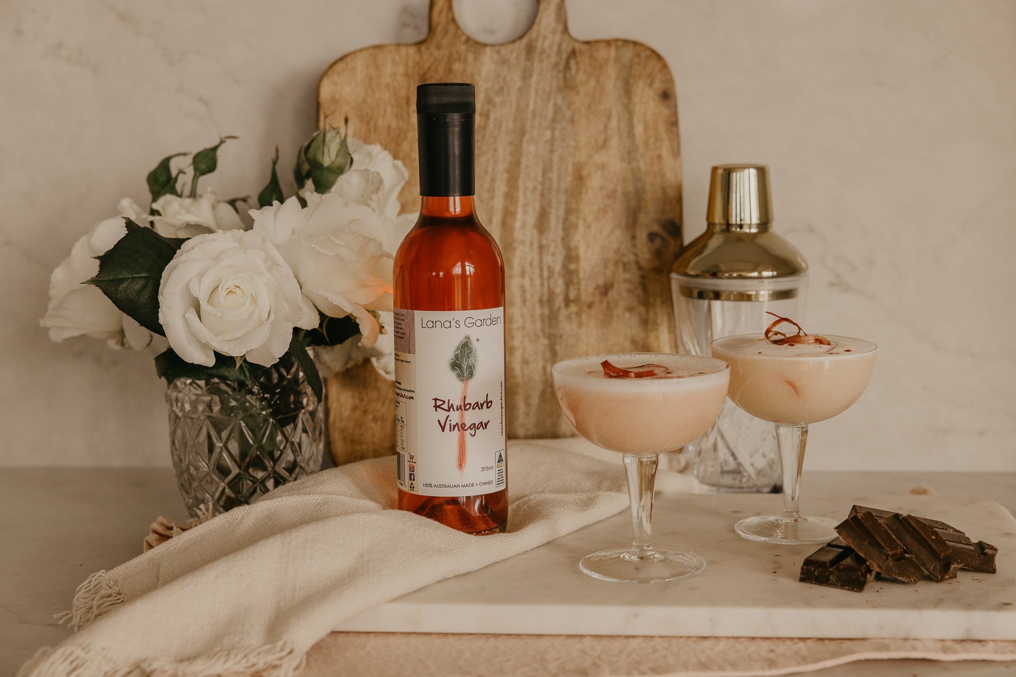 A flatlay image of Signature Rhubarb Vinegar